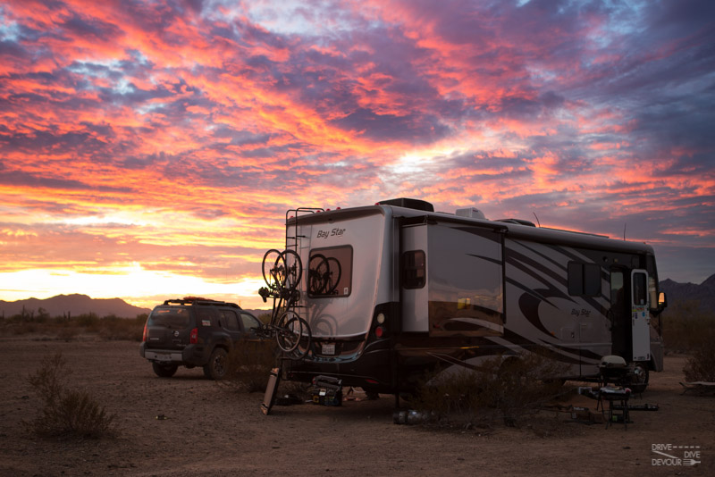 Boondocking at KOFA near Quartzsite, AZ with RV solar at sunset